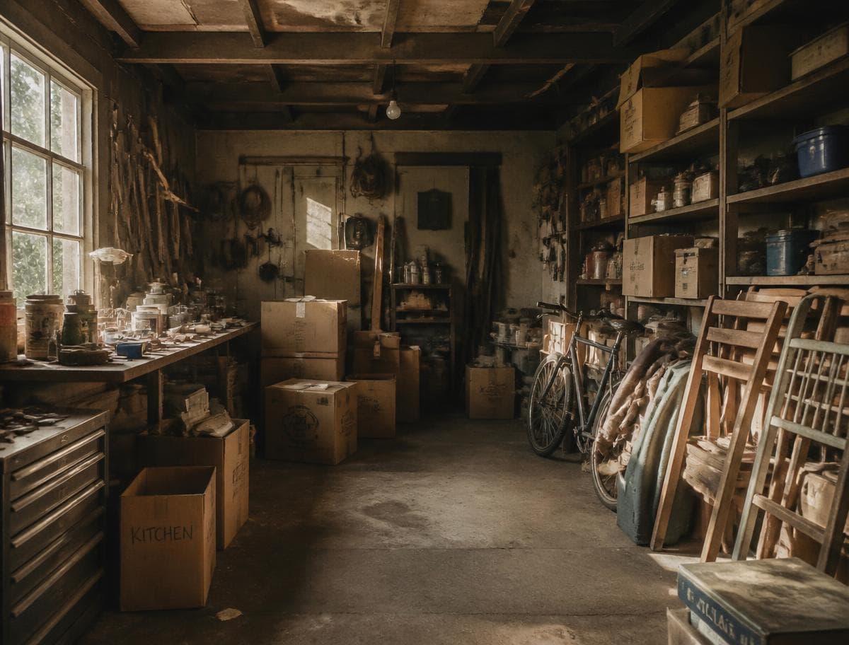 Garage lleno de cajas, herramientas y muebles acumulados
