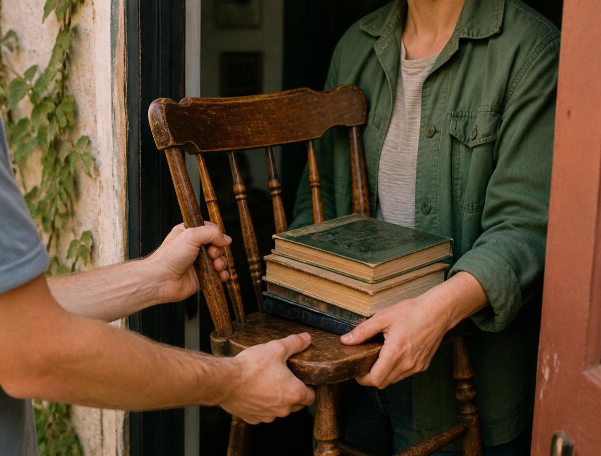 Dos personas entregando una silla de madera y libros en la puerta de una casa